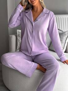 SHEIN 經典鈕扣前襟睡衣套裝－柔軟長袖上衣與舒適直筒長褲居家服 - 紫丁香色 - 查看 5
