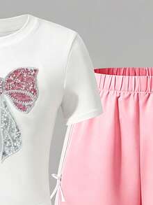 SHEIN 2件組 白色短袖蝴蝶結圖案T恤與長褲套裝，蝴蝶結緞帶細節，適合青少年，適用春夏季，運動與通勤 - 粉色 - 查看 4