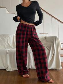 Livesso Women's Solid Color Long Sleeve Top & Plaid Pants Pajama Set Fall - Black - View 5