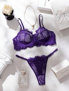 SHEIN 2件組玫瑰紅成熟性感風蕾絲拼接內衣套裝 - 紫色 - 查看 4