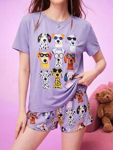 Notgurli Set Piyama Lengan Pendek Wanita Ukuran Plus Motif Hati Kopi Putih dan Merah, Cocok untuk Bersantai Sehari-hari - Purple - View 1