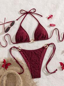 SHEIN Swim 春夏女款兩件式泳衣套裝，性感度假風優雅浪漫掛脖綁帶蕾絲金屬環沙灘泳裝套裝 - 酒紅色 - 查看 6