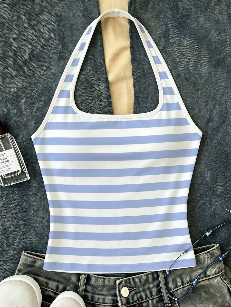Tween Girls White Long Casual Halter Neck Top, Fitted Tank Top For Summer - White - View 1