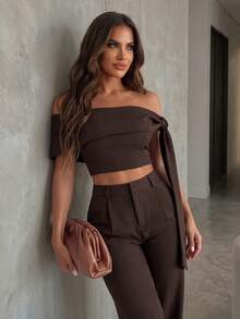 SHEIN Unity Elegant Sexy Minimalist Commuter Women's Off-Shoulder Tie-Up Cropped Top Casual Straight-Leg Pants Office Cocktail 2 Pieces Set Dark Brown Summer - Coffee Brown - View 9