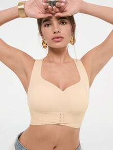 Bralution 1 Buah Bra Wanita Tanpa Kawat dengan Pengait Depan, Push-Up, Anti-Kendur, Tali Bahu Ganda, Cup Cetak, Nyaman dan Sederhana dengan Desain Silang di Belakang - Aprikot - View 6
