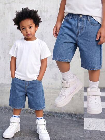 SHEIN Boys' Denim Shorts Summer New Casual Vintage Elastic Waist Comfortable Straight Leg Loose Wide Leg Fit Stylish Medium Blue Wash Suitable For Vacation Music Festival School Commute Party Karaoke And More Boys' Denim Straight Leg Shorts