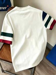 Daypath Men's Three-Color Contrast Striped Crew Neck Short Sleeve T-Shirt, Minimalist Slogan Sporty Casual Contrast Striped Short Sleeve Top - Multicolor - View 2
