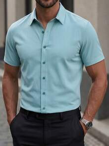 Manfinity Mode Camisa de manga corta de unicolor casual y de negocios para hombres, versátil para el verano y ceremonias formales - Verde - Ver 4