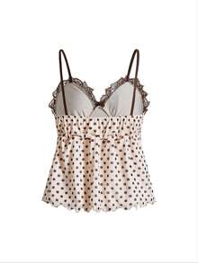 ROMWE Kawaii Kamisol Wanita Elegan Motif Polkadot dengan Hiasan Renda dan Pita untuk Musim Semi/Panas, Musim Panas - Kuning muda - View 2