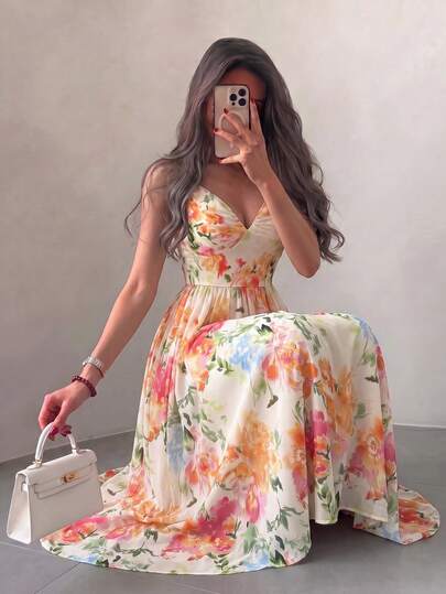 Celisse Women's Floral Print Pleated Casual Party Long Strap Dress
