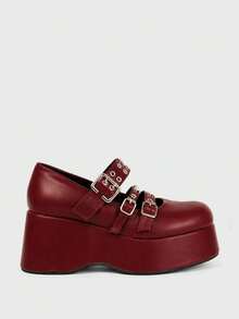 Sugerpunk Sandal Platform Bertumit Lame dengan Gesper Berduri untuk Wanita. - Burgundy - View 1