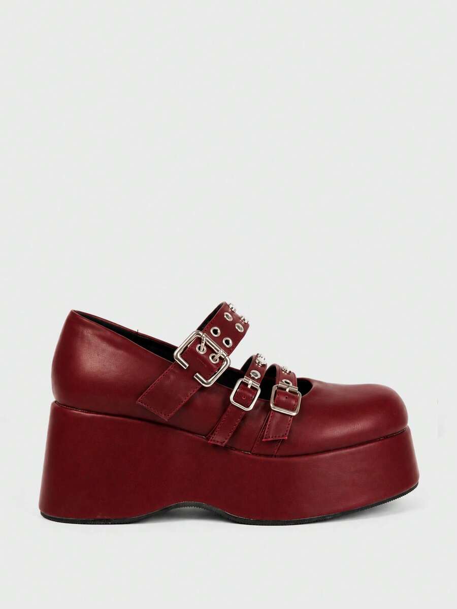 Sugerpunk Sandal Platform Bertumit Lame dengan Gesper Berduri untuk Wanita. - Burgundy - View 1
