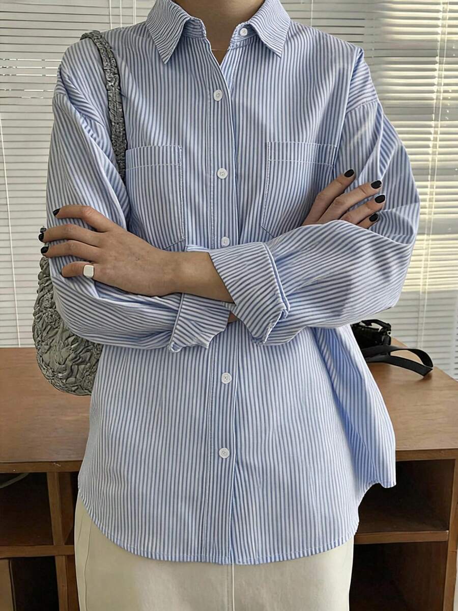 DAZY 女款寬鬆條紋長袖休閒襯衫,適合度假、夏季與秋季,校園風 - 藍色 - 查看 1