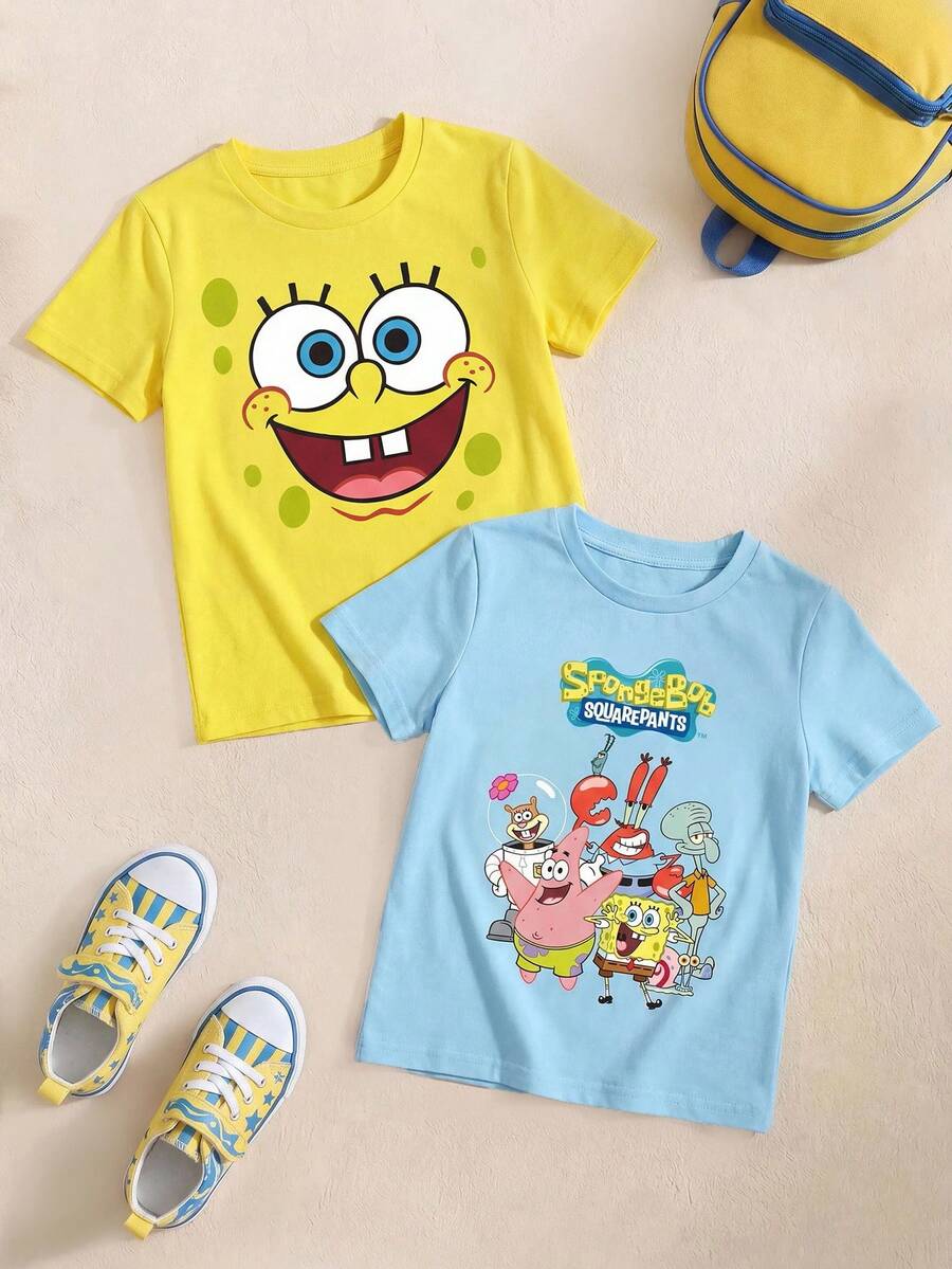 SpongeBob SquarePants | SHEIN 3pcs/Pack Young Boys Cartoon Print Short Sleeve T-Shirts - Multicolor - View 1
