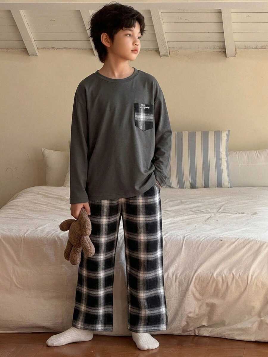 DAZY 大童男孩圓領長袖上衣與格紋長褲休閒日常居家睡衣套裝 - 深灰色 - 查看 1