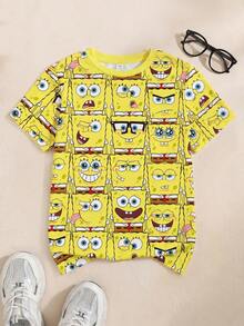 SpongeBob SquarePants | SHEIN Tween Boy Summer Cute Cartoon Graphic Short Sleeve Tee - White - View 1