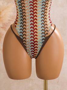 SHEIN SunnyBelle Baju Renang Terusan Wanita Motif Garis-Garis untuk Liburan Pantai Musim Semi/Panas Terbaru - Coklat - View 8