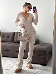 Cotton Ladies' Crisscross Ribbed Long Sleeve T-Shirt And Pants Two Pieces Set - Apricot - View 5
