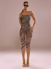 MUSERA Zebra Print Mesh Bandeau Top Winter Party Fun Festival Zerba Print Top Women Clothing - Multicolor - View 5