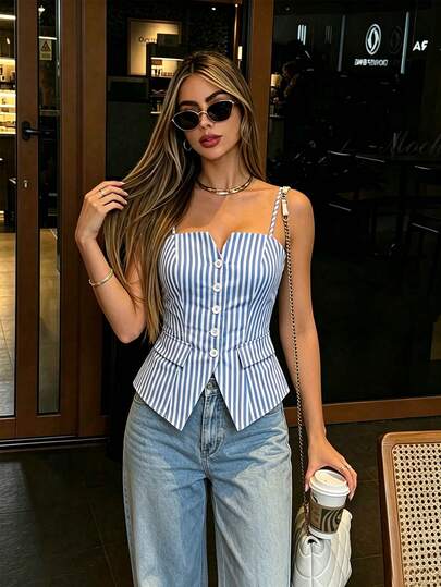 Elenzga Camiseta sin mangas para mujer a rayas azules y blancas, con bolsillo falso, dobladillo elástico ajustable y abertura lateral