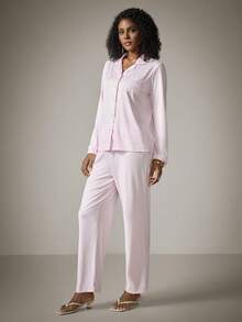 DreamPoppy 2pcs Women Lapel Button Down Long Sleeve Top + Elastic Waist Pants Pajama Set - Pink - View 6