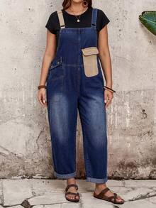 EMERY ROSE EMERY ROSE Plus Size Casual Traditional Baggy Formal Whimsical Denim Overalls For Vacation Halloween Back To School Country Cuffed Ankle Navy Blue Tapere Summer - Black - View 6
