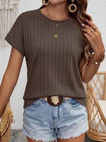 SHEIN 女款夏季條紋印花圓領短袖休閒T恤圖案上衣 - 咖啡棕 - 查看 5