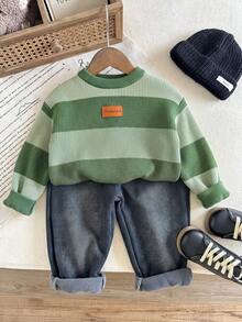 SHEIN LMoss Kids 小男孩休閒修身兒童長袖針織秋季毛衣，復古學院風，適合通勤、上學、休閒、街拍、派對、外出 - 彩色 - 查看 6