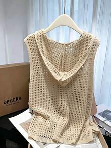 INAWLY 鏤空連帽寬鬆顯瘦無袖上衣 - 卡其色 - 查看 2