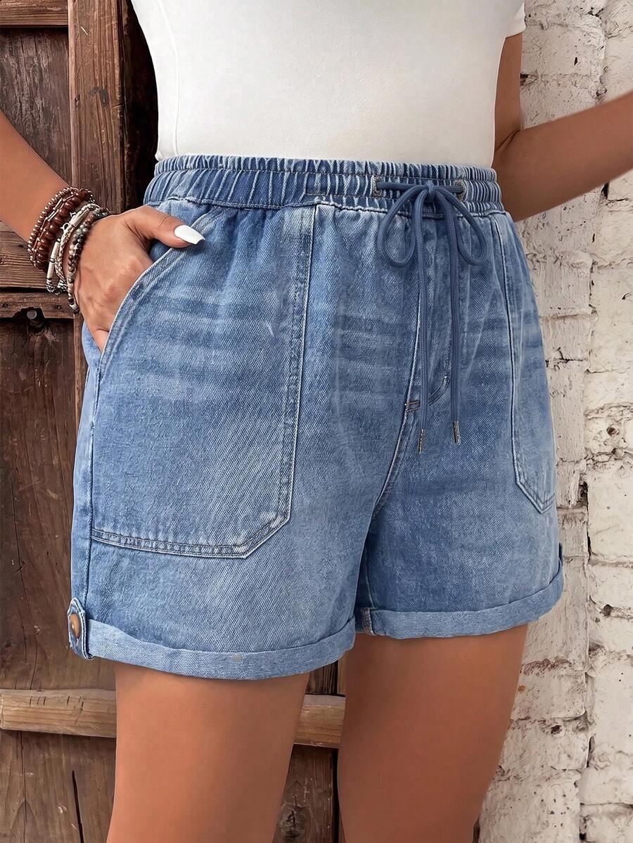 EMERY ROSE EMERY ROSE Plus Size Versatile Drawstring Waist Pocket Streetwear Baggy Denim Shorts Summer Vacation Loose Back To School Beach Halloween Navy Blue - Blue - View 1