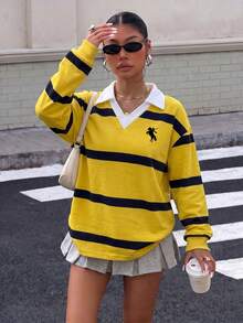 Muchica 休閒學院風黃色與海軍藍條紋印花馬標女款 Polo 領長袖寬鬆衛衣，適合秋冬穿著 - 彩色 - 查看 8