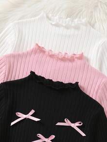 SHEIN 女童套裝 3件組 簡約休閒舒適高領長袖T恤套裝 蝴蝶結裝飾 保暖冬季 柔軟可愛 百搭 - 彩色 - 查看 3