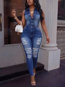 BriallanyX BriallanyX Ripped Button Front Denim Jumpsuit - Dark Wash - View 1