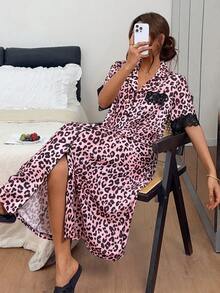 Napfluff Standard Size Women's Leopard Print Short Sleeve Lace Patchwork Nightgown, Comfortable Front Button Shirt Nightdress, Spring/Summer Wear, Cozy Home - Pink - View 1