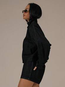 MUSERA Denim High Neck Balloon Sleeve Zip Through Jacket Spring Summer Cute Cosy Cottage Core Spring Dew - Black - View 3