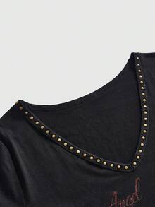ROMWE Plus Size Street Style Rivet Animal Print Short Sleeve T-Shirt - Black - View 3