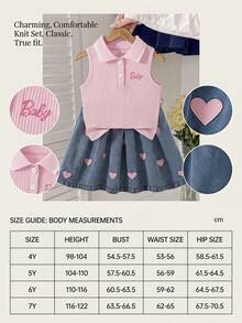 Genkimix Kids 女童 Polo 短裙套裝 夏季新款，甜美可愛；粉色羅紋針織無袖上衣配粉色蝴蝶結刺繡；淺藍色牛仔百褶裙配鬆緊腰頭，柔軟親膚面料；適合日常、上學、度假與休閒穿著 - 粉色 - 查看 6