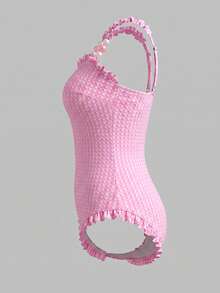 Swim Mod Novo Maiô Feminino Rosa Xadrez Texturizado com Alças de Contas, Acabamento com Babados, Ajuste Emagrecedor, Estilo Casual Praia Piscina Férias Minimalista Sexy - Rosa chiclete - Visão 11