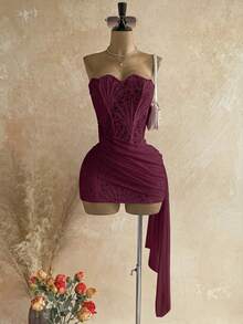 Soleia Women's Sexy Vacation Strapless Lace Textured Draped Mesh Ruched Bustier Mini Dress, Beach Night Out Club, Summer, Music Festival, Party, Burgundy - Burgundy - View 8