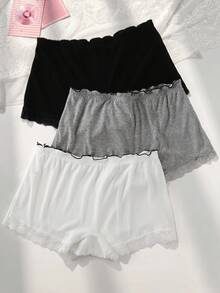 PetitDoll 3 piezas/Set Bragas tipo hipster casuales con aplicación de encaje y ribete acanalado para mujeres - Multicolor - Ver 2
