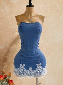 Soleia Women's Fashion Versatile Lace Patchwork Pleated Strapless Denim Dress - Baby Blue - View 5