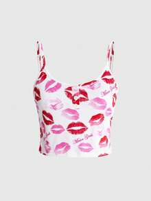 Mean Girls | ROMWE Set Piyama Kasual Wanita: Camisole dan Celana Pendek dengan Motif Logo Bibir di Seluruh Permukaan - Putih - View 8