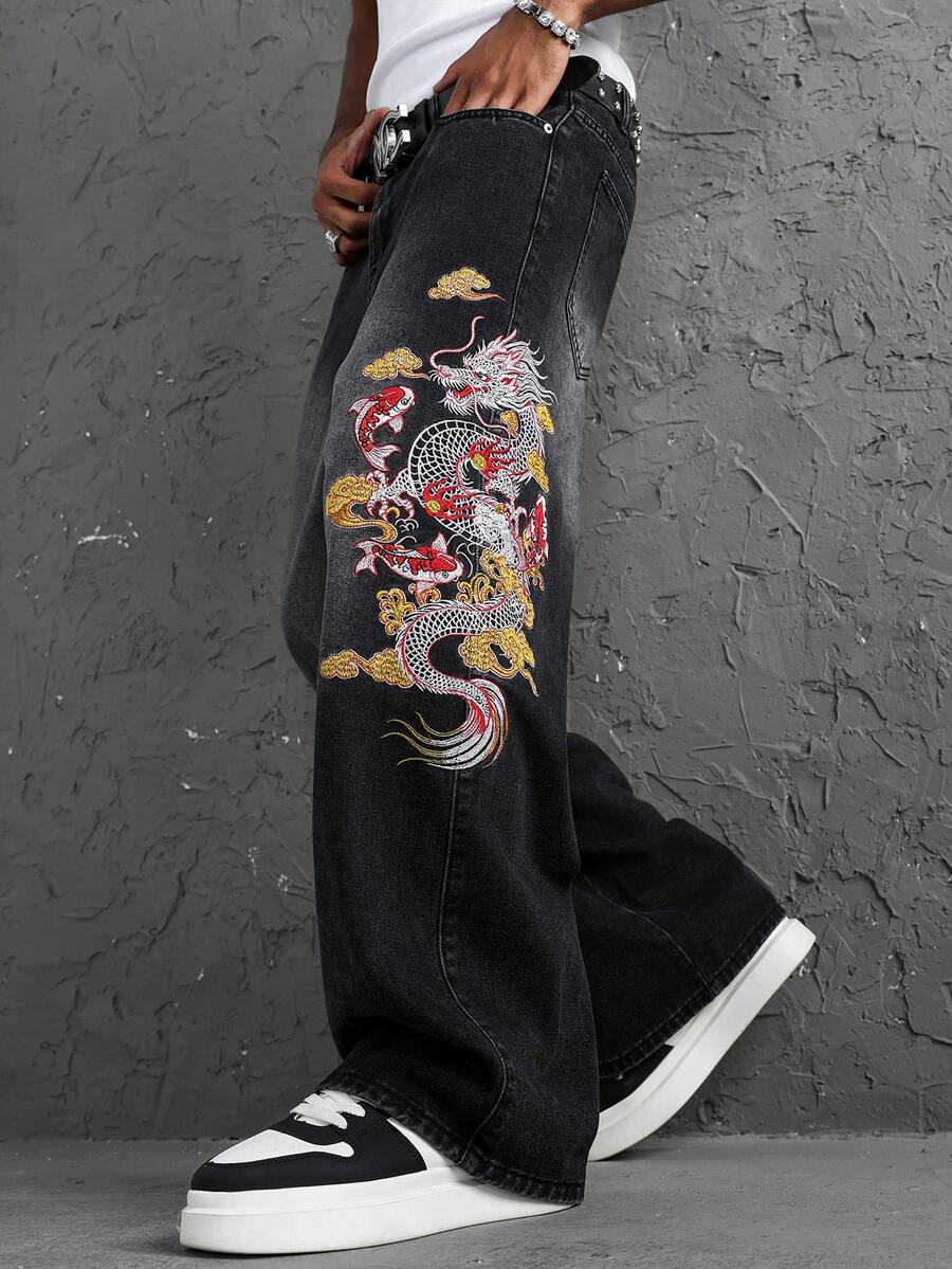 Manfinity EMRG Men's Y2K Black Washed Loose Fit Jeans With Dragon And Koi Fish Embroidery - Oriental Street Style Denim - Black - View 1