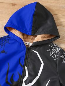 SHEIN 1件男孩街頭風休閒黑色蜘蛛圖案抓絨內裡連帽冬季外套，適合上學、日常穿著、街頭穿搭、派對、開學季、生日 - 彩色 - 查看 6