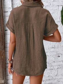 EMERY ROSE Camisa casual de botones de manga corta de unicolor con textura de tela para mujer, de verano - Café integral - Ver 2