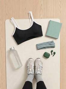 SHEIN Cheerettes 女款拼色休閒日常細肩帶運動內衣 - 黑與白 - 查看 5