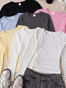 SHEIN 青少年女孩純色圓領休閒百搭日常長袖T恤 3件/套 - 彩色 - 查看 2