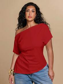 SHEIN BAE CURVE 大尺碼女款純色不對稱單肩抓皺休閒百搭日常穿搭上衣 - 紅色 - 查看 2