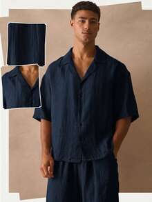 Musero Se vende como un conjunto de camisa corta abotonada de manga corta y pantalones cortos, esenciales de primavera y verano - Azul Marino - Ver 6