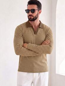 Manfinity Dauomo Brown Beige Striped Ribbed Long Sleeve Polo, Minimal Casual Style, Spring Autumn, Daily Commute, Dat Vacation Airport - Multicolor - View 1